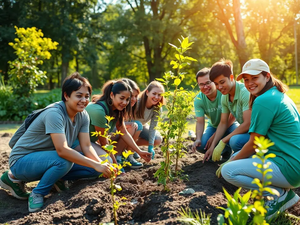 A vibrant image of volunteers cleaning up a local park or planting trees, showcasing community engagement and environmental responsibility.