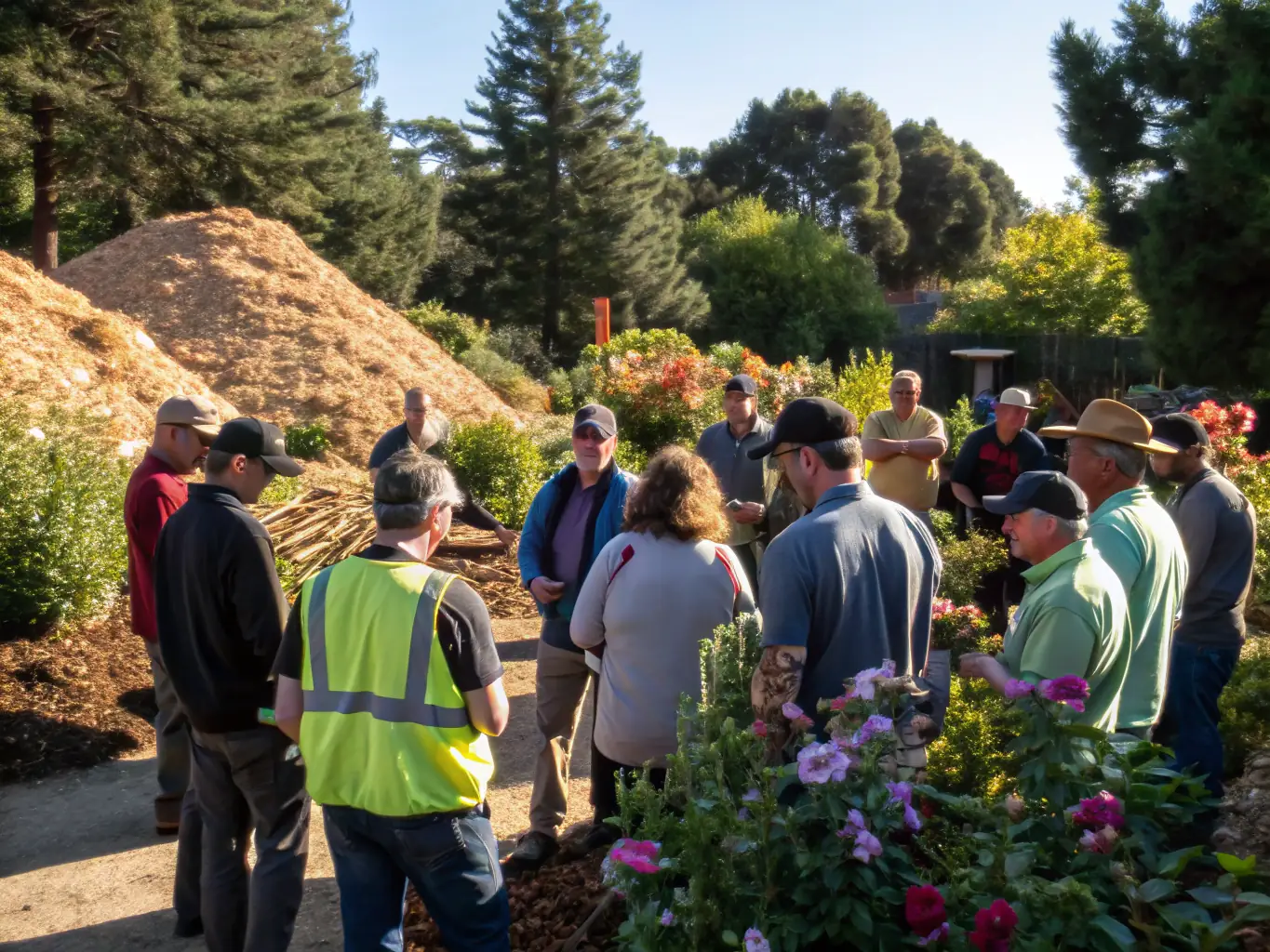 An image of diverse community members engaging in a lively outdoor workshop or discussion, sharing tips on gardening and composting.